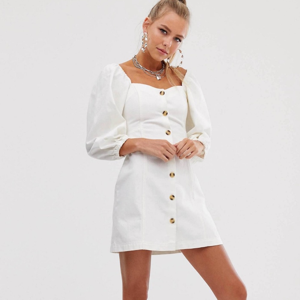 Puff sleeve denim button up dress